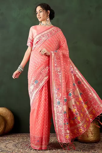 peach woven designer poly cotton saree with blouse piece