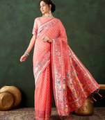 peach woven designer poly cotton saree with blouse piece