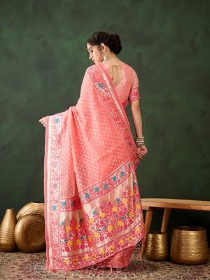 peach woven designer poly cotton saree with blouse piece 2