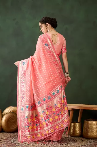 peach woven designer poly cotton saree with blouse piece