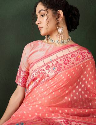 peach woven designer poly cotton saree with blouse piece 3
