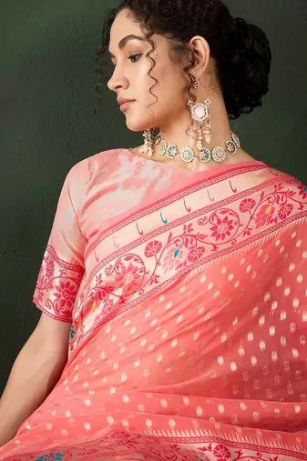 peach woven designer poly cotton saree with blouse piece