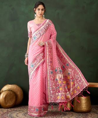 pink woven designer poly cotton saree with blouse piece 1