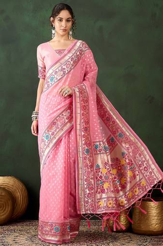 pink woven designer poly cotton saree with blouse piece
