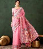 pink woven designer poly cotton saree with blouse piece