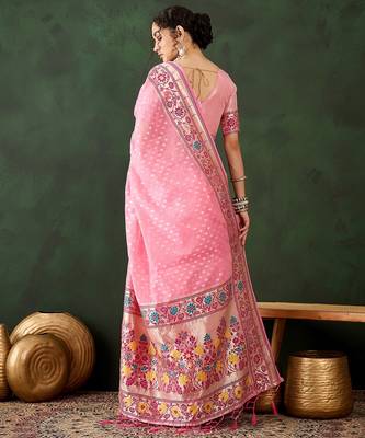 pink woven designer poly cotton saree with blouse piece 2