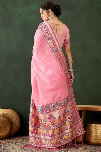 pink woven designer poly cotton saree with blouse piece