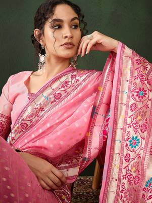 pink woven designer poly cotton saree with blouse piece 3