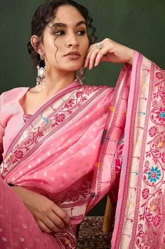 pink woven designer poly cotton saree with blouse piece