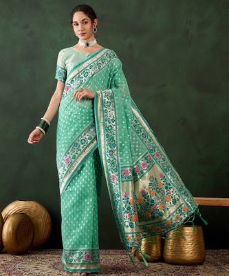 sea green woven designer poly cotton saree with blouse piece 1