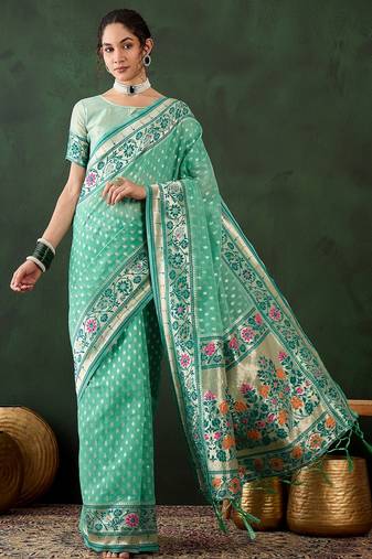 sea green woven designer poly cotton saree with blouse piece