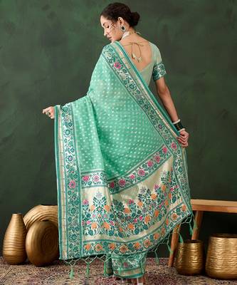 sea green woven designer poly cotton saree with blouse piece 2