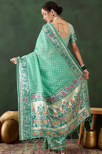 sea green woven designer poly cotton saree with blouse piece