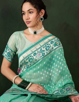sea green woven designer poly cotton saree with blouse piece 3