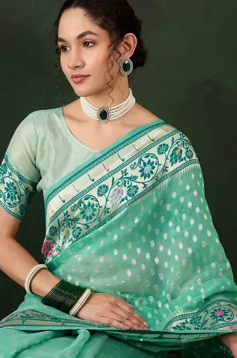 sea green woven designer poly cotton saree with blouse piece