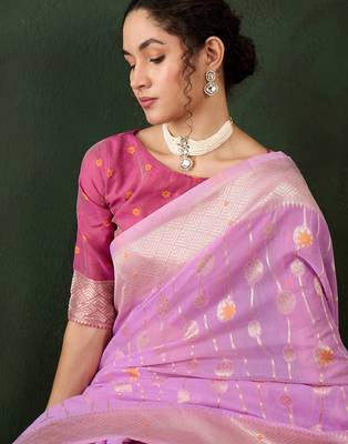 purple woven designer poly cotton saree with blouse piece 3