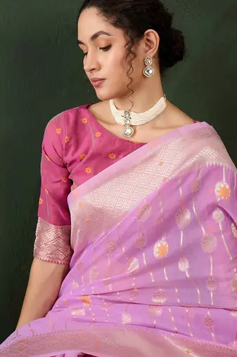 purple woven designer poly cotton saree with blouse piece