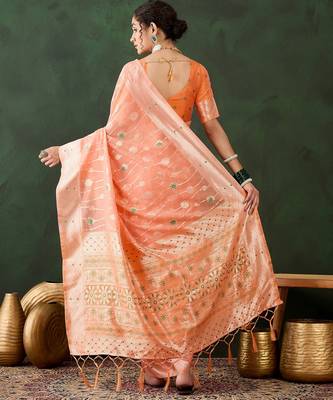 orange woven designer poly cotton saree with blouse piece 2