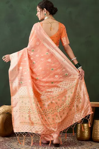 orange woven designer poly cotton saree with blouse piece