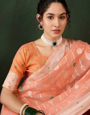 orange woven designer poly cotton saree with blouse piece 3