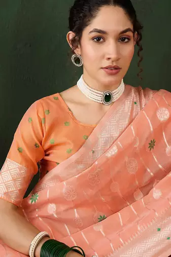 orange woven designer poly cotton saree with blouse piece