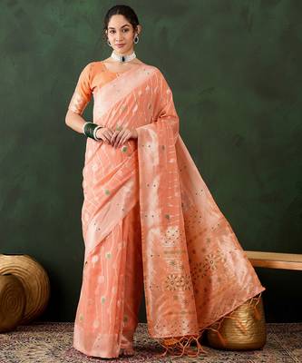 orange woven designer poly cotton saree with blouse piece 4