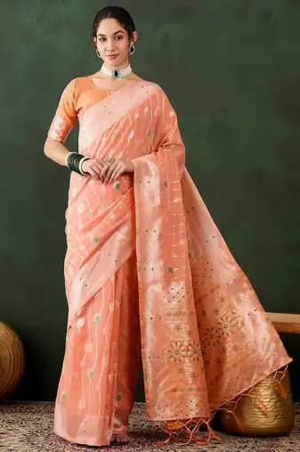 orange woven designer poly cotton saree with blouse piece