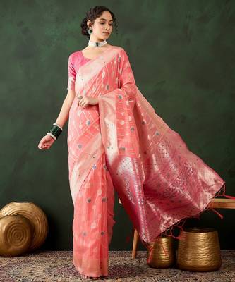 peach woven designer poly cotton saree with blouse piece 1