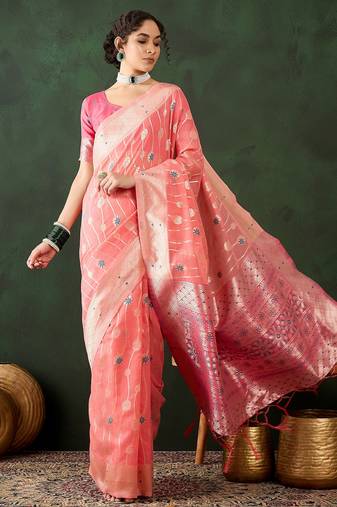 peach woven designer poly cotton saree with blouse piece