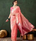 peach woven designer poly cotton saree with blouse piece