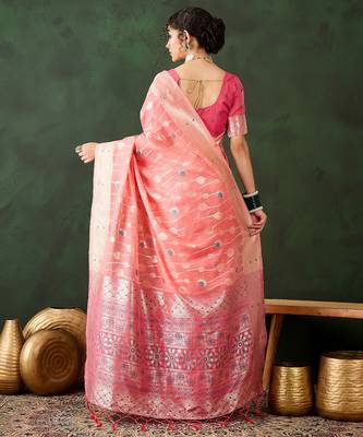 peach woven designer poly cotton saree with blouse piece 2