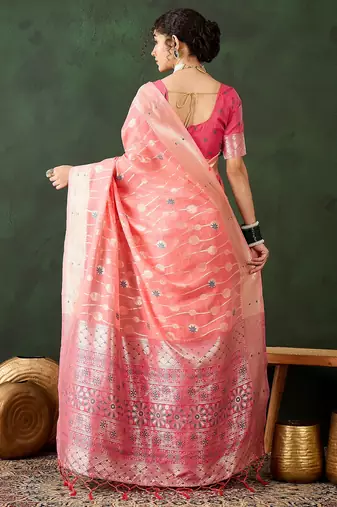 peach woven designer poly cotton saree with blouse piece