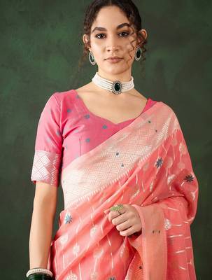 peach woven designer poly cotton saree with blouse piece 3