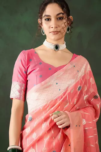 peach woven designer poly cotton saree with blouse piece