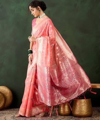 peach woven designer poly cotton saree with blouse piece 4