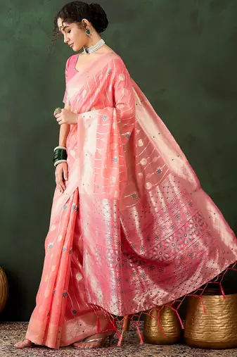 peach woven designer poly cotton saree with blouse piece