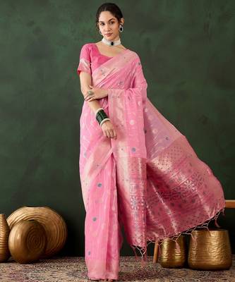 pink woven designer poly cotton saree with blouse piece 1