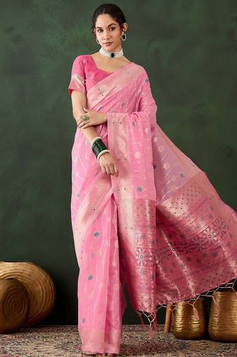 pink woven designer poly cotton saree with blouse piece