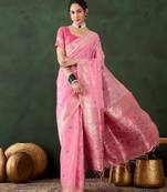 pink woven designer poly cotton saree with blouse piece