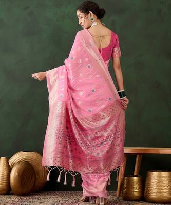 pink woven designer poly cotton saree with blouse piece 2