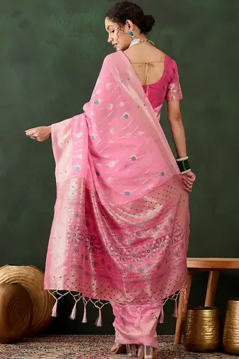 pink woven designer poly cotton saree with blouse piece