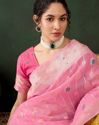 pink woven designer poly cotton saree with blouse piece 3