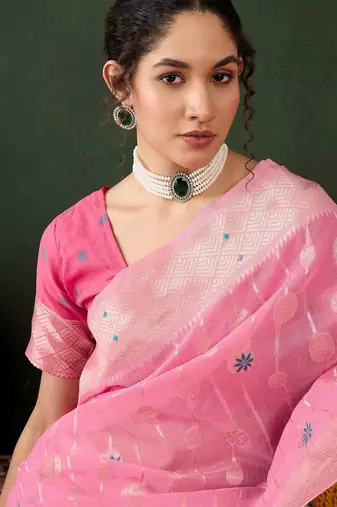 pink woven designer poly cotton saree with blouse piece