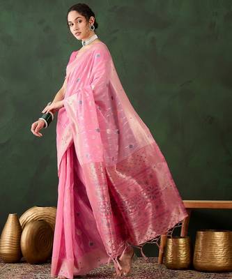 pink woven designer poly cotton saree with blouse piece 4