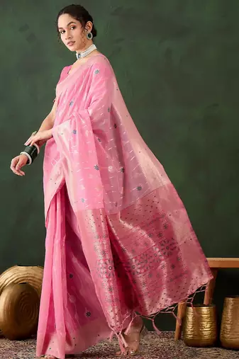 pink woven designer poly cotton saree with blouse piece