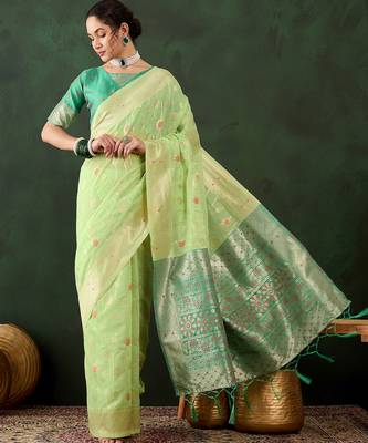 pista woven designer poly cotton saree with blouse piece 1