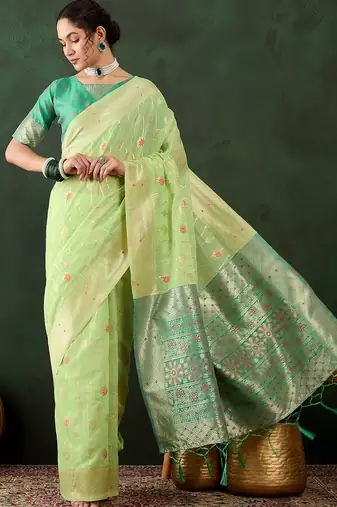 pista woven designer poly cotton saree with blouse piece