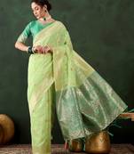 pista woven designer poly cotton saree with blouse piece