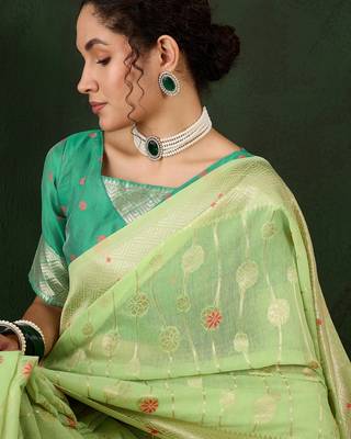 pista woven designer poly cotton saree with blouse piece 3