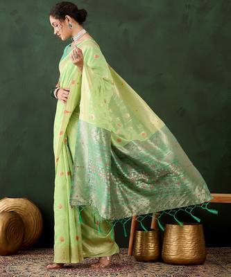 pista woven designer poly cotton saree with blouse piece 4